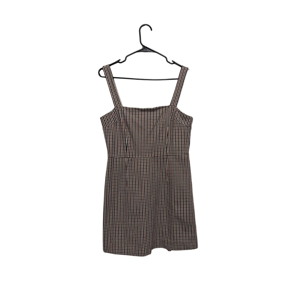 A New Day Brown Black Gingham Plaid Mini Dress Square‎ Neck Pockets Medium